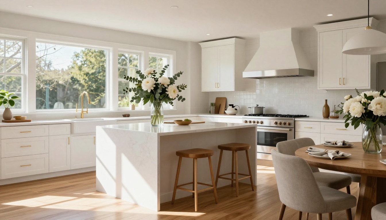 A beautifully staged luxury kitchen with natural morning light and fresh flowers for a property sale
