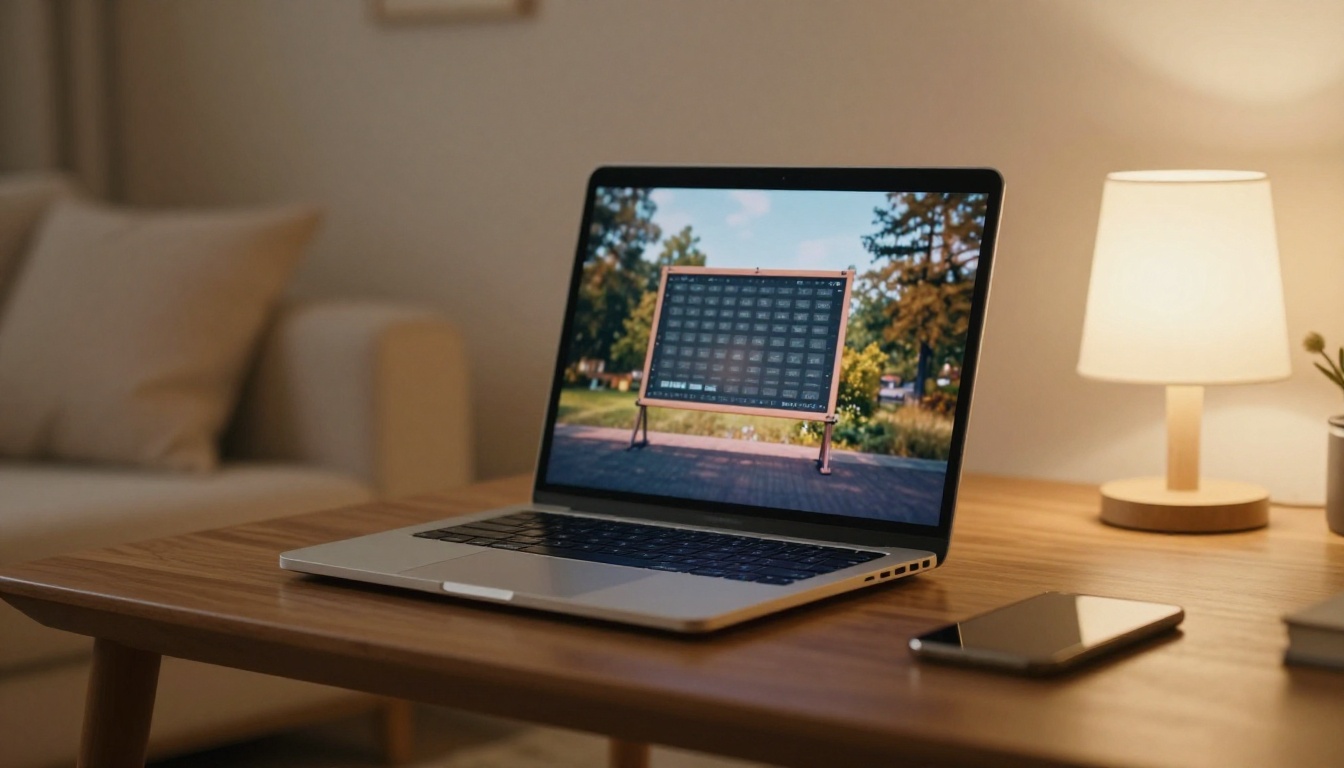 Laptop displaying a digital flipbook mid-page-turn on a wooden coffee table