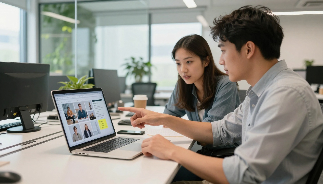 Two creative professionals sharing a portfolio flipbook link on a laptop in an office