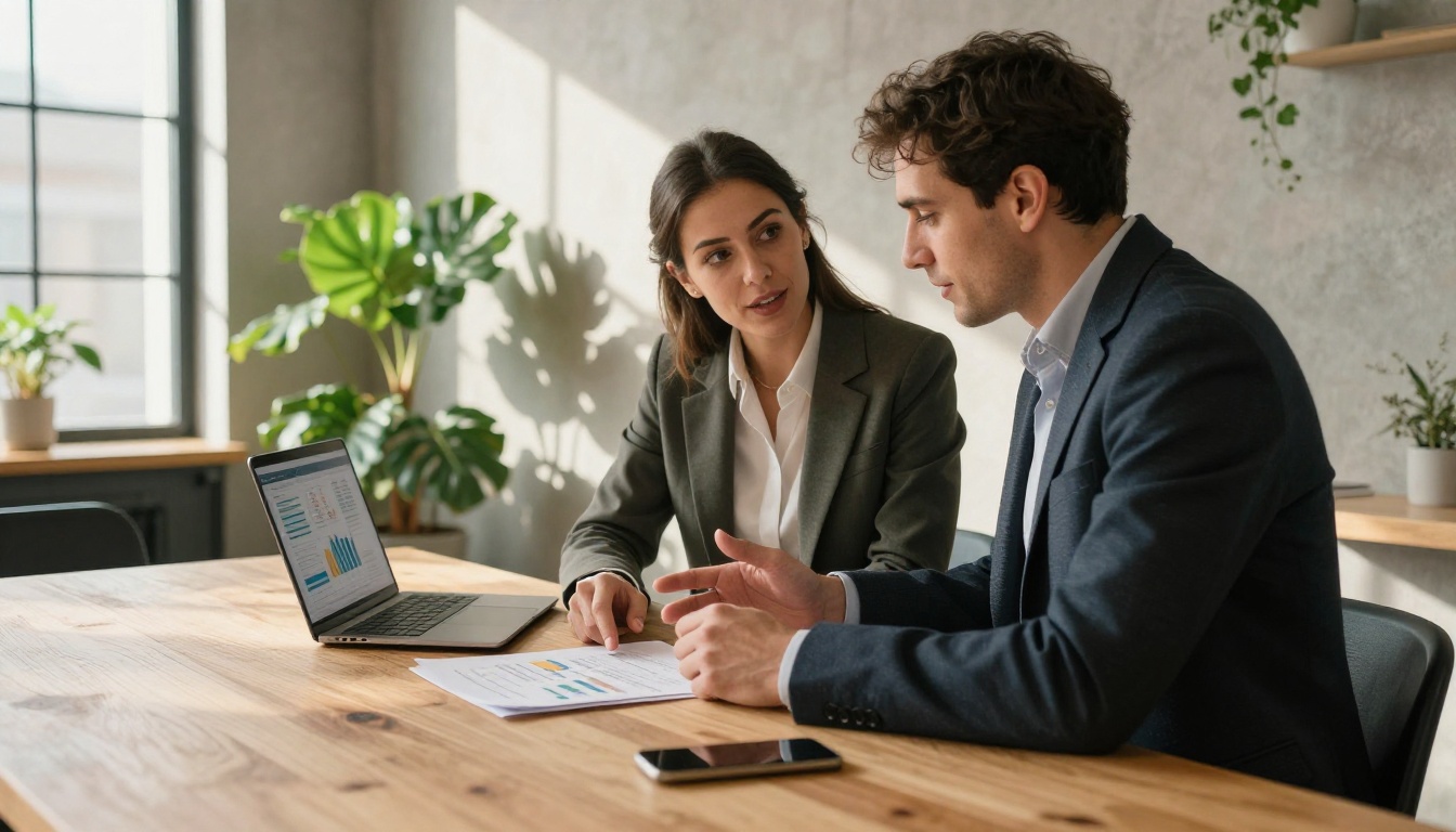 Two real estate marketing professionals reviewing strategy and analytics data together in a modern workspace