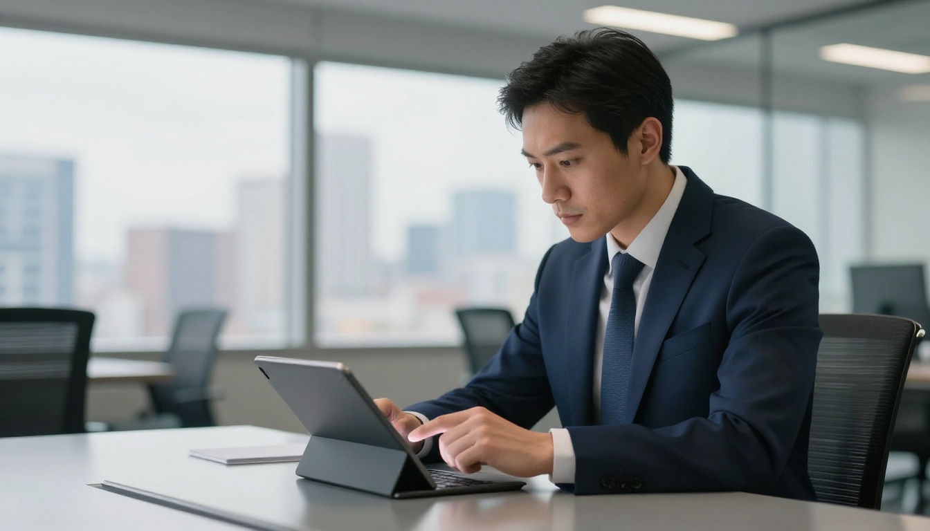 Business professional reviewing a digital catalog on a tablet in a corporate office