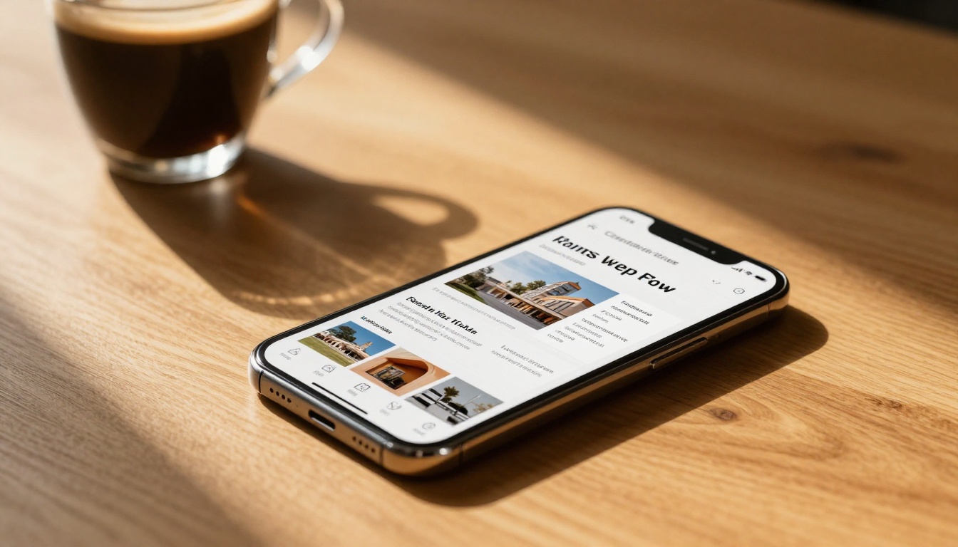 Smartphone on a wooden desk showing a photography portfolio flipbook in a mobile browser