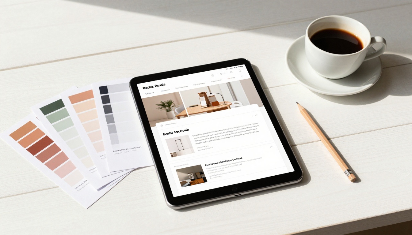 Designer's aerial flat-lay workspace with PDF document, color swatches, and tablet showing flipbook interface
