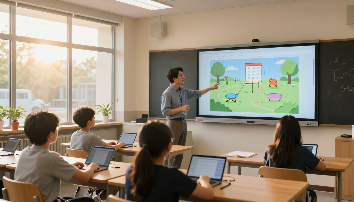 Teacher in a modern classroom pointing to a digital flipbook displayed on a large screen