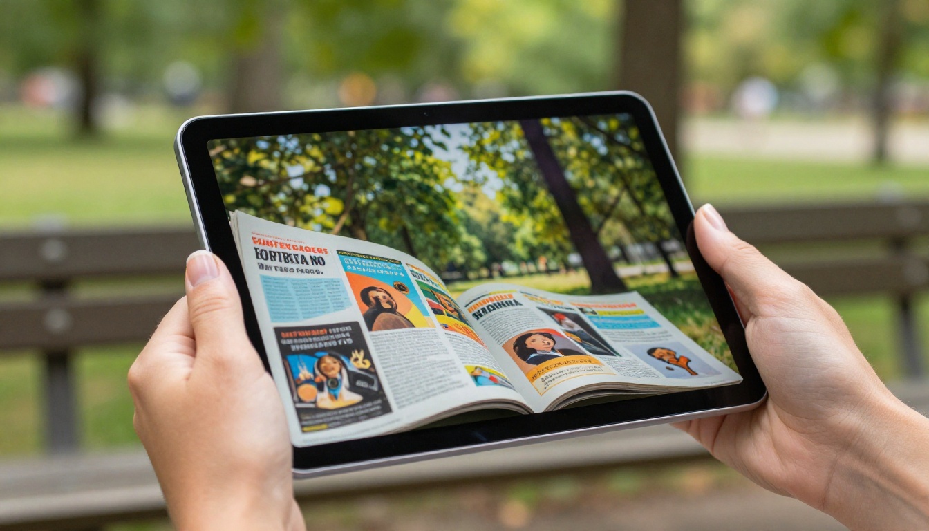 Woman holding a tablet showing a colorful flipbook page outdoors in a park setting