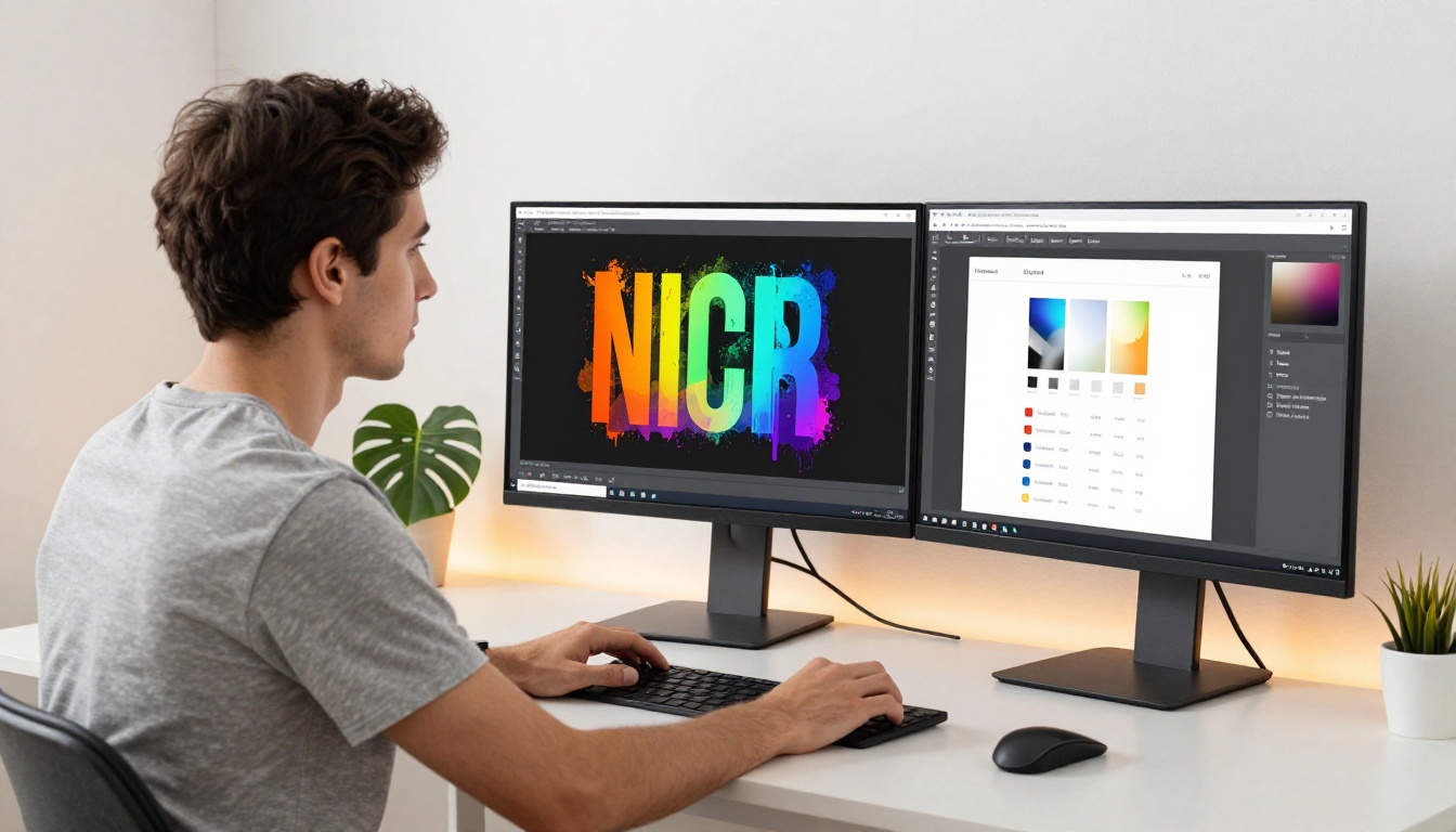 Graphic designer customizing a portfolio flipbook on dual monitors in a home office