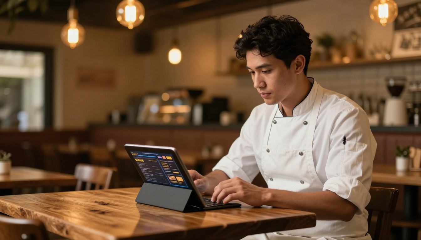 Restaurant owner reviewing a digital menu flipbook on an iPad at a rustic bistro table