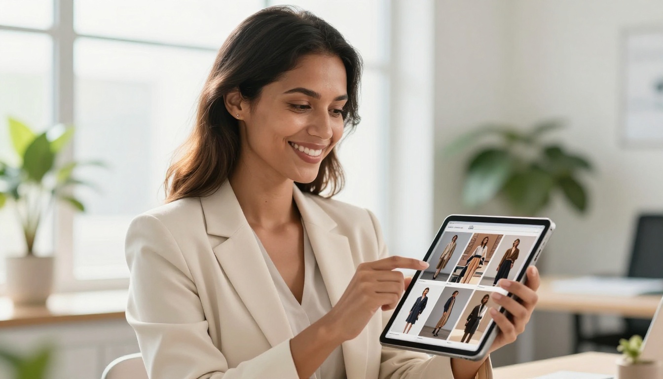 Professional woman smiling while holding a tablet showing a fashion photography portfolio flipbook