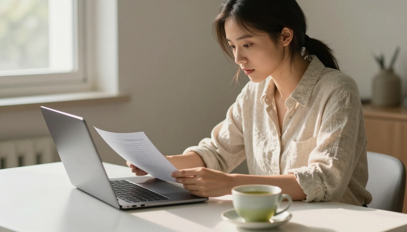 Young woman uploading a PDF file on a laptop at a minimalist white desk