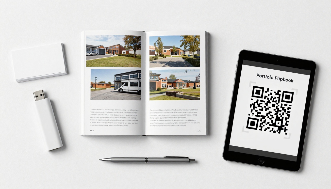 Workspace flat lay with portfolio booklet, business cards, and a tablet showing a QR code