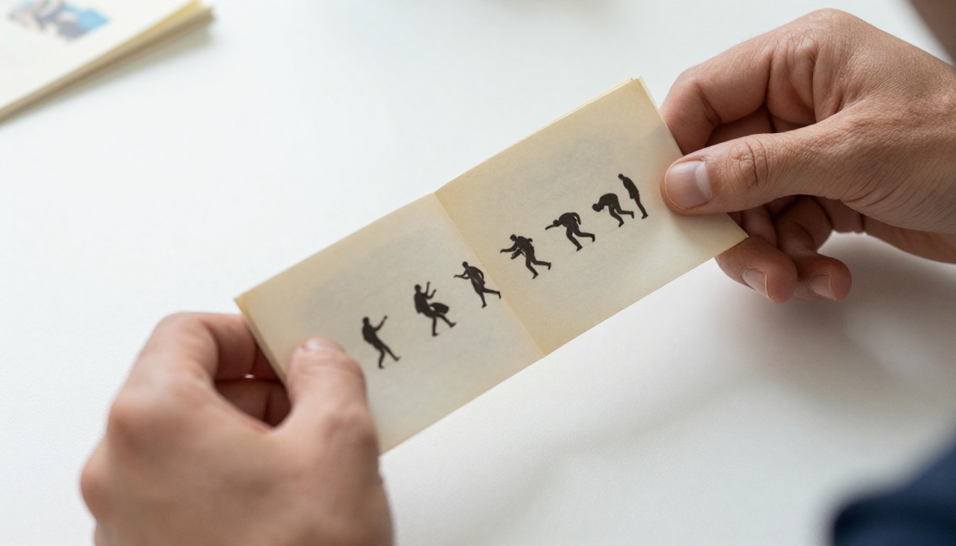 Hands flipping through pages of a printed flipbook on a white desk