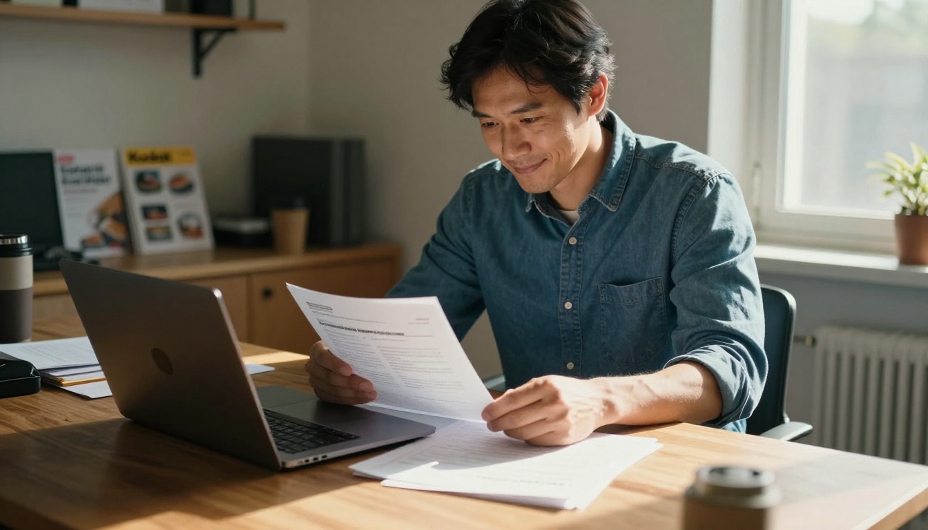 Small business owner uploading a PDF document to create a digital flipbook on an office desk with warm window light