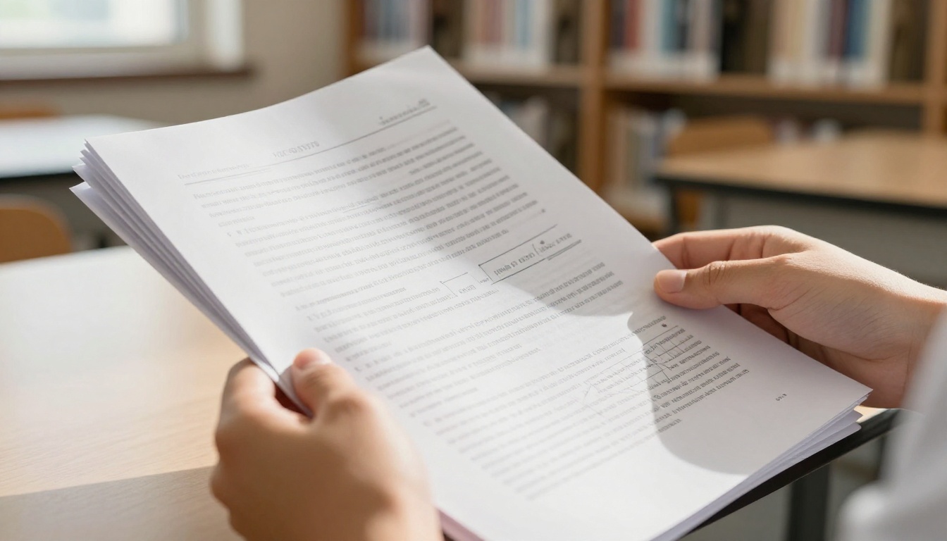 Student's hands holding a printed research report with pages fanned out, school library background softly blurred