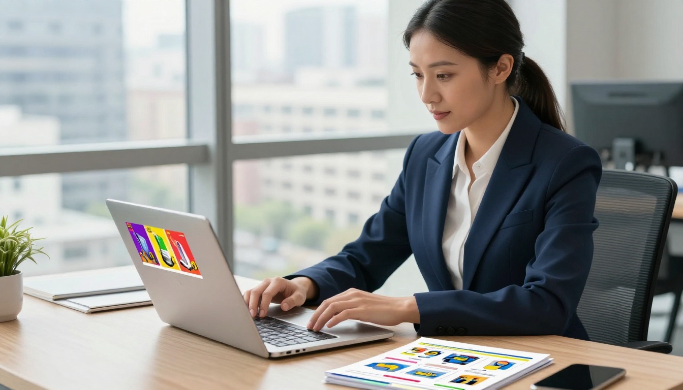 A businesswoman reviewing a digital catalog on a laptop at a modern office