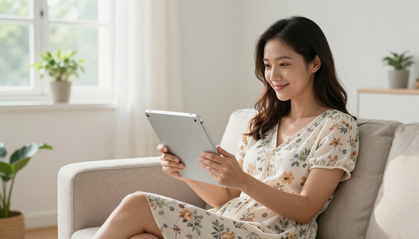 Woman in floral summer dress on a modern sofa, holding a tablet in both hands swiping through digital catalog pages, bright airy living room with afternoon window light