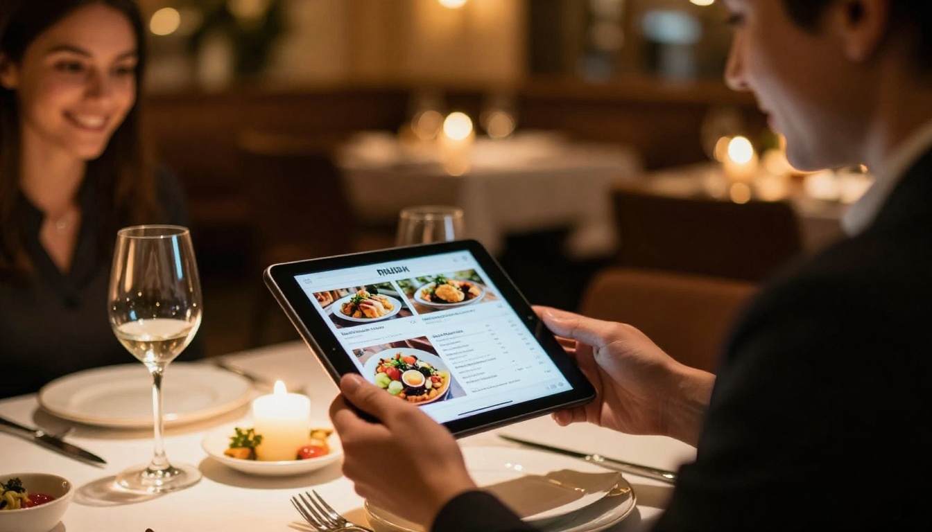 A restaurant hostess presenting a digital menu flipbook to a seated guest