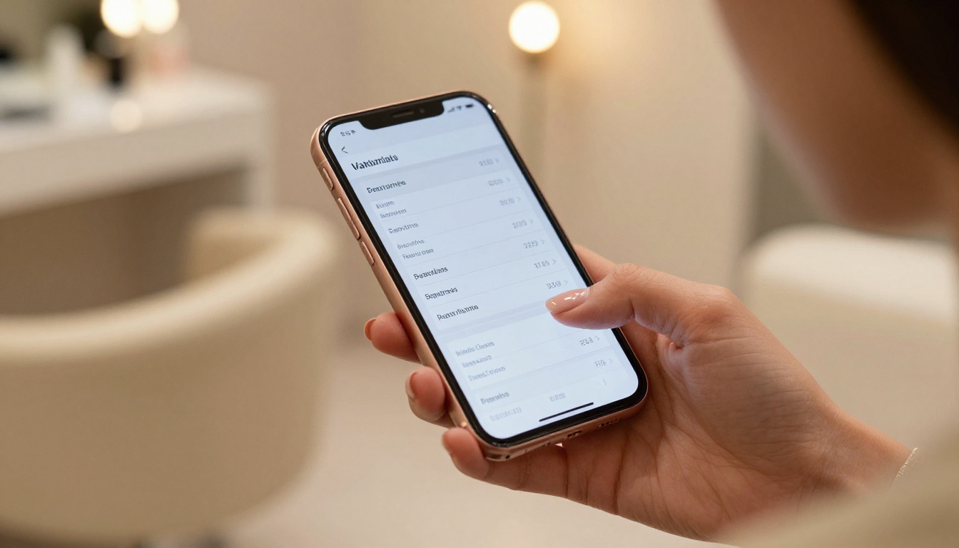Client browsing digital price list on smartphone at salon reception