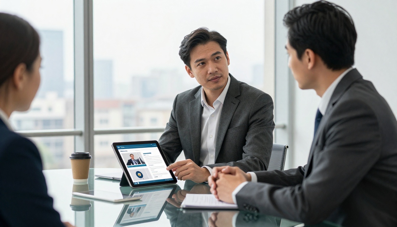 Confident executive presenting a digital flipbook on a tablet in a glass-walled boardroom Confident executive presenting a digital flipbook on a tablet in a glass-walled boardroom