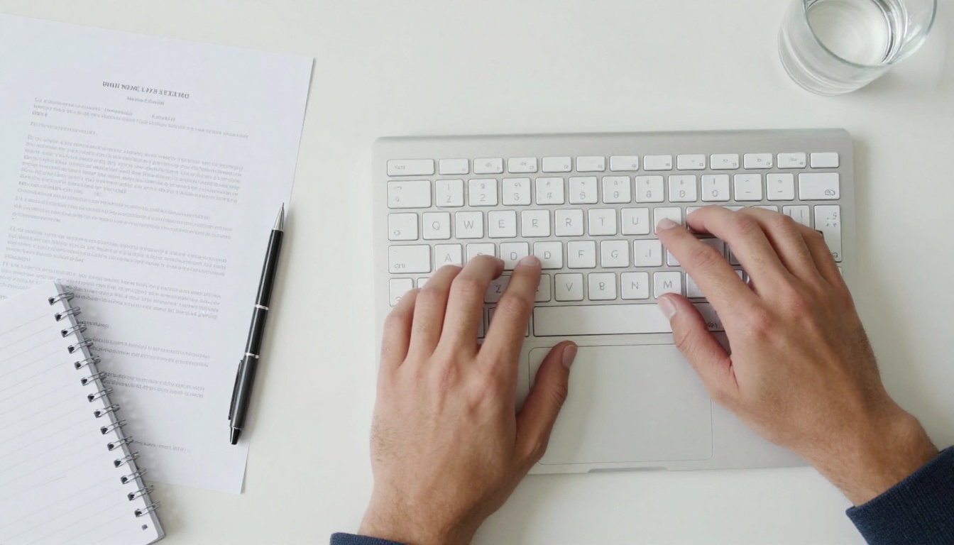 Overhead close-up of hands on a MacBook keyboard with a PDF document beside it on a clean white desk, photorealistic RAW photography