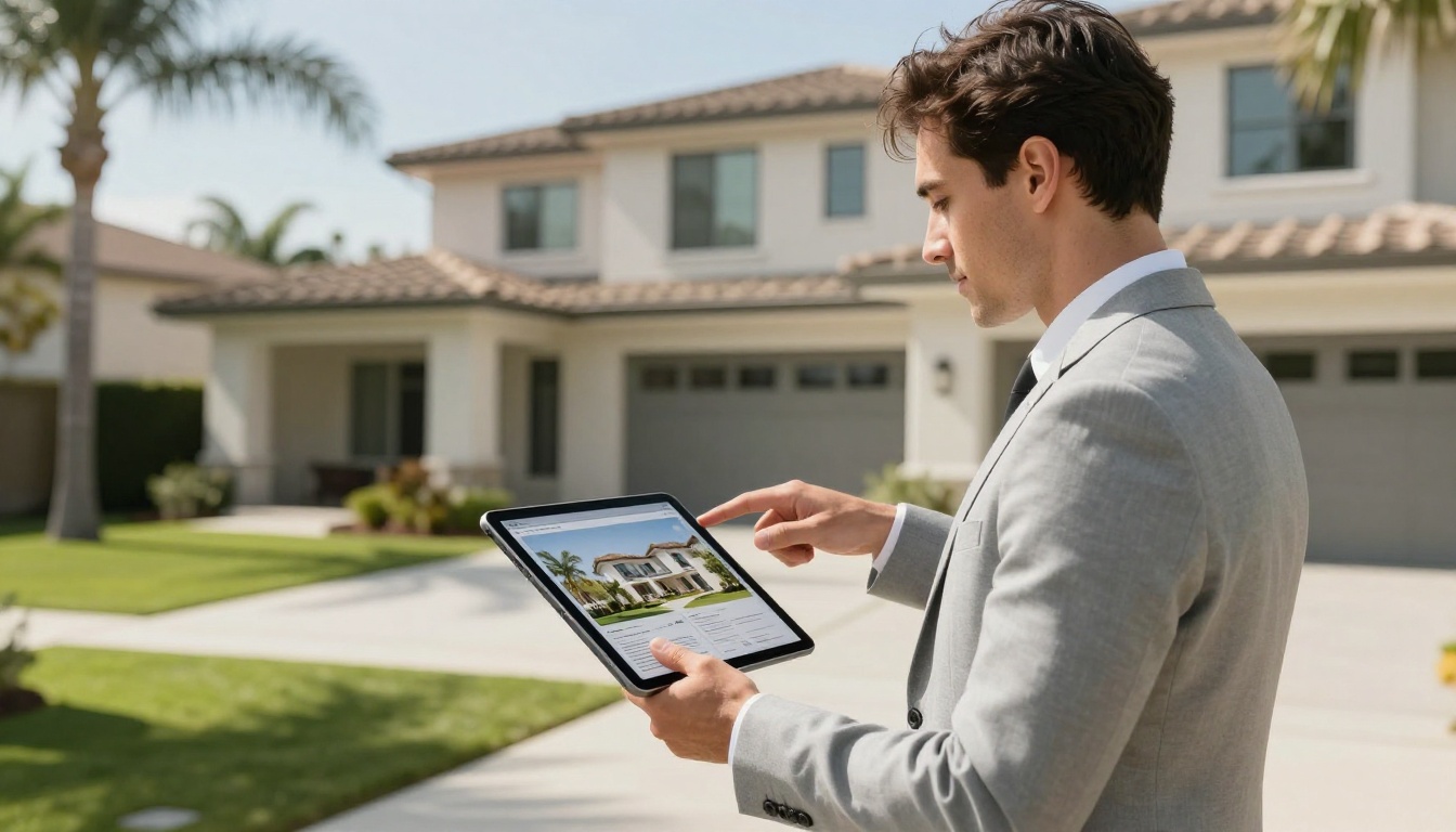 A real estate agent presenting a digital property brochure flipbook outdoors