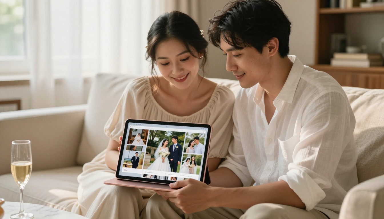 Couple viewing their digital wedding album on an iPad