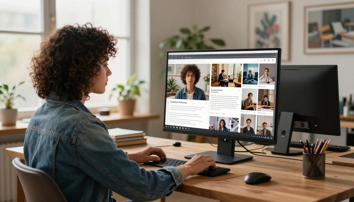 A creative professional scrolling through a digital portfolio flipbook on a large monitor
