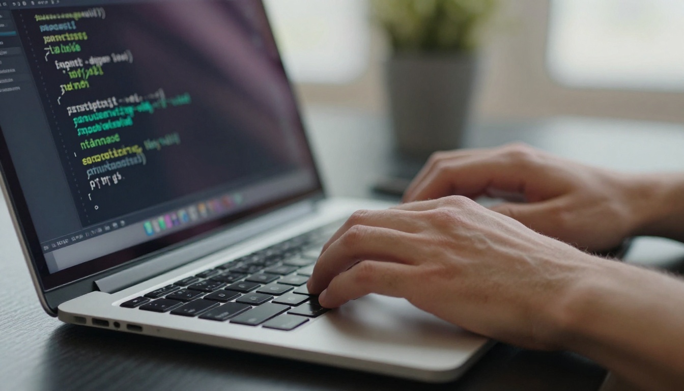 Male hands typing HTML iframe embed code on a silver MacBook keyboard with code editor on screen