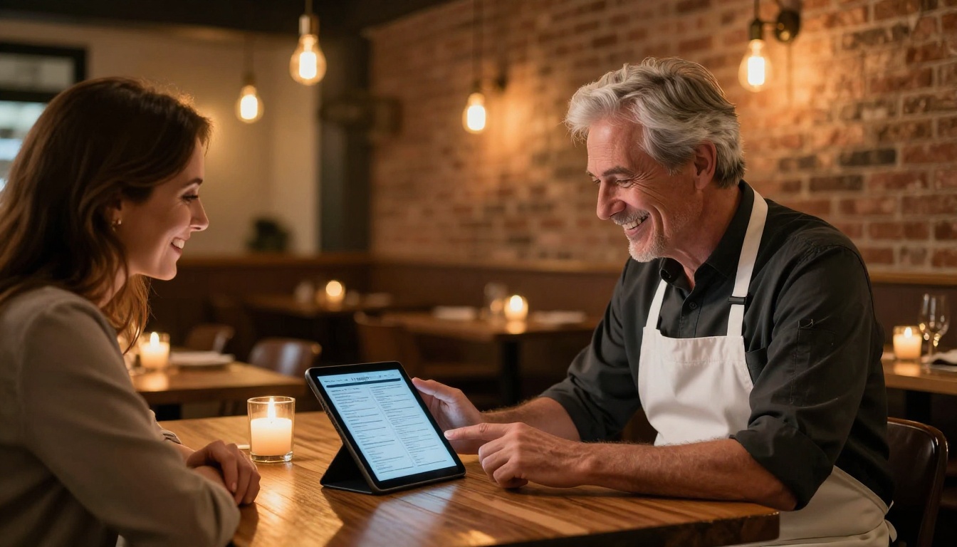 Restaurant owner with silver hair showing a digital menu on a tablet to a couple at a candlelit restaurant table with warm Edison bulb lighting