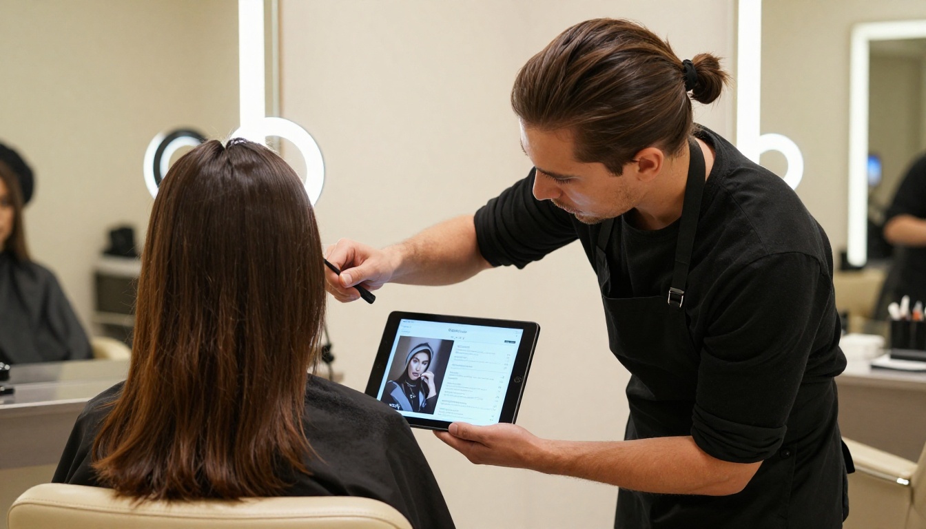 Stylist showing tablet with digital service menu to client in styling chair