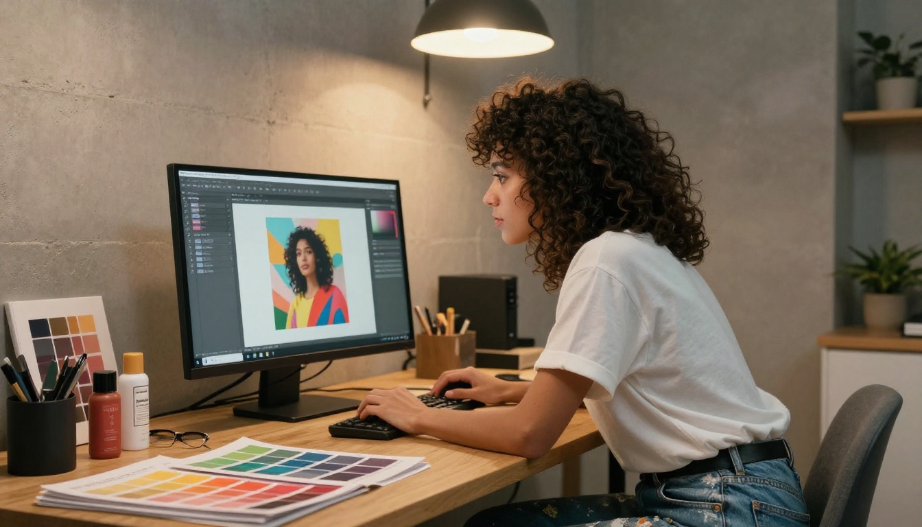 Female graphic designer leaning over a monitor in a warm studio, customizing a colorful digital publication Female graphic designer leaning over a monitor in a warm studio, customizing a colorful digital publication