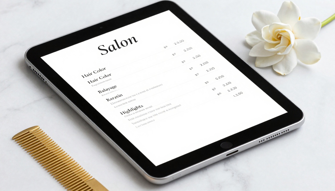 iPad displaying salon price list with elegant typography on marble surface