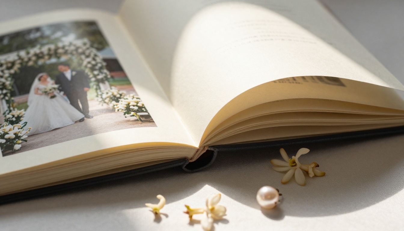 Close-up macro of open wedding album pages mid-turn