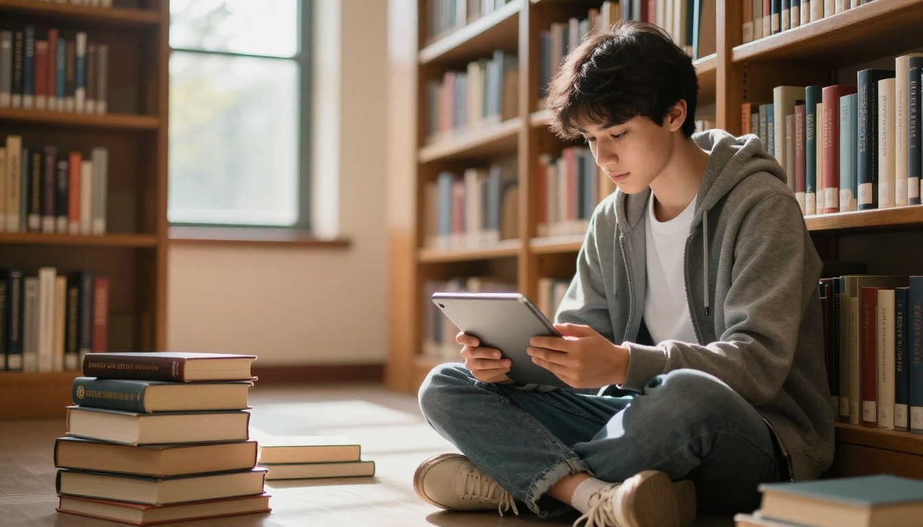 A student reading an interactive e-book flipbook in a library