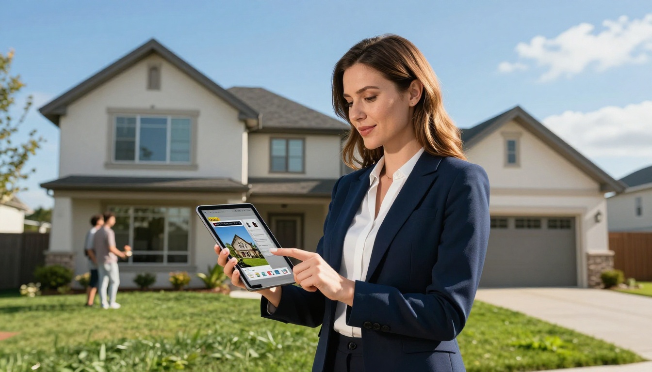 Real estate agent in navy blazer showing a digital property brochure on a tablet to a young couple outside a modern suburban home on a sunny afternoon
