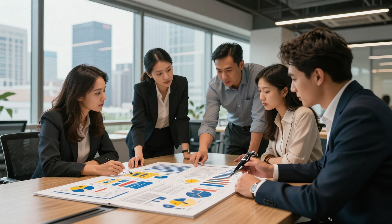 A marketing team reviewing a corporate annual report flipbook on a tablet