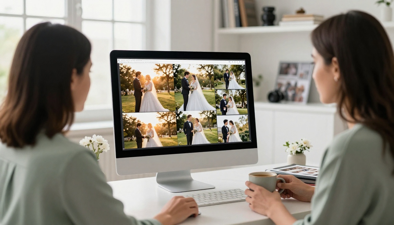 Wedding photographer reviewing photos on a desk workstation