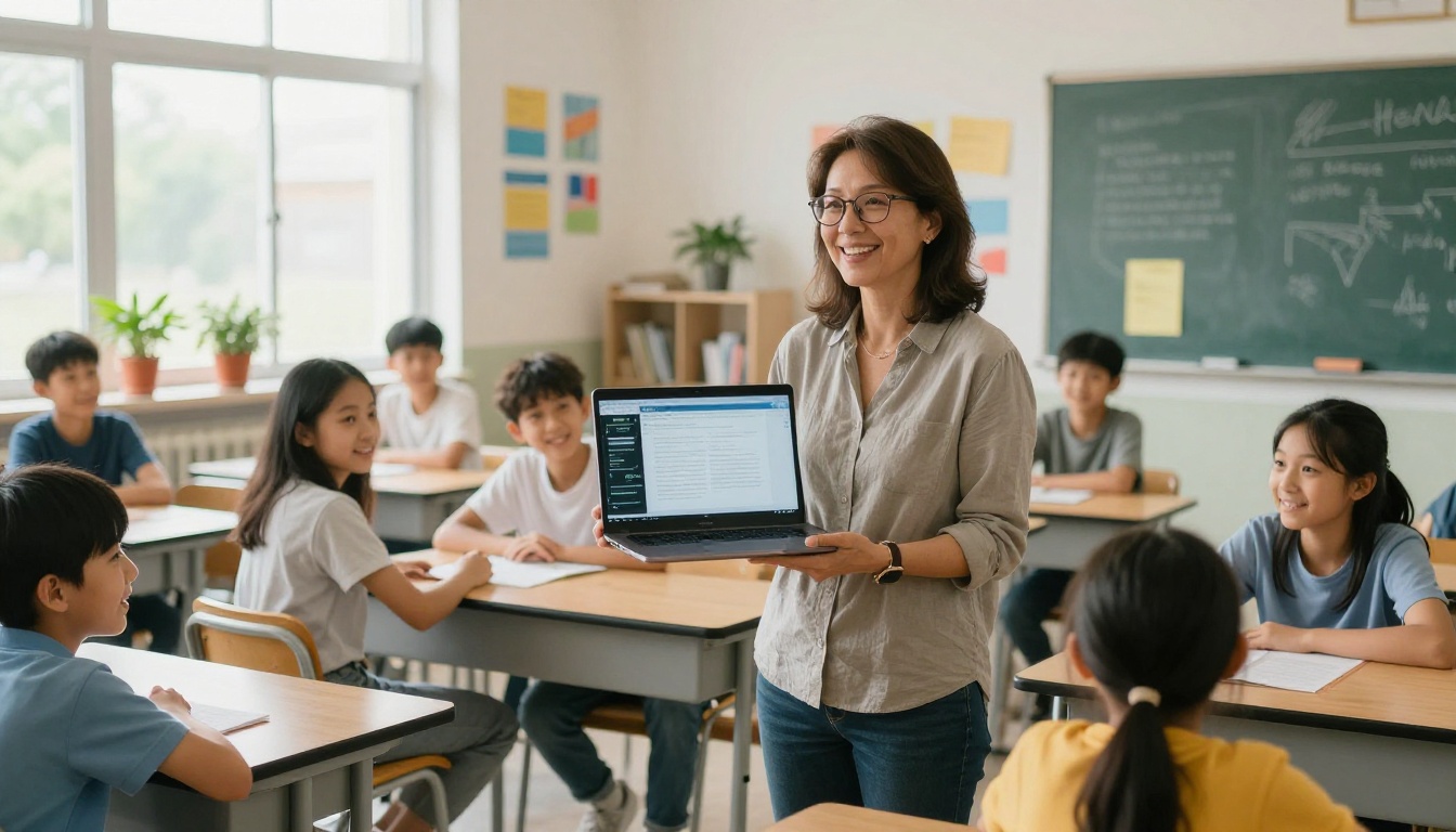 Female teacher with glasses showing a digital course material on a laptop to happy attentive students in a bright modern classroom with natural daylight