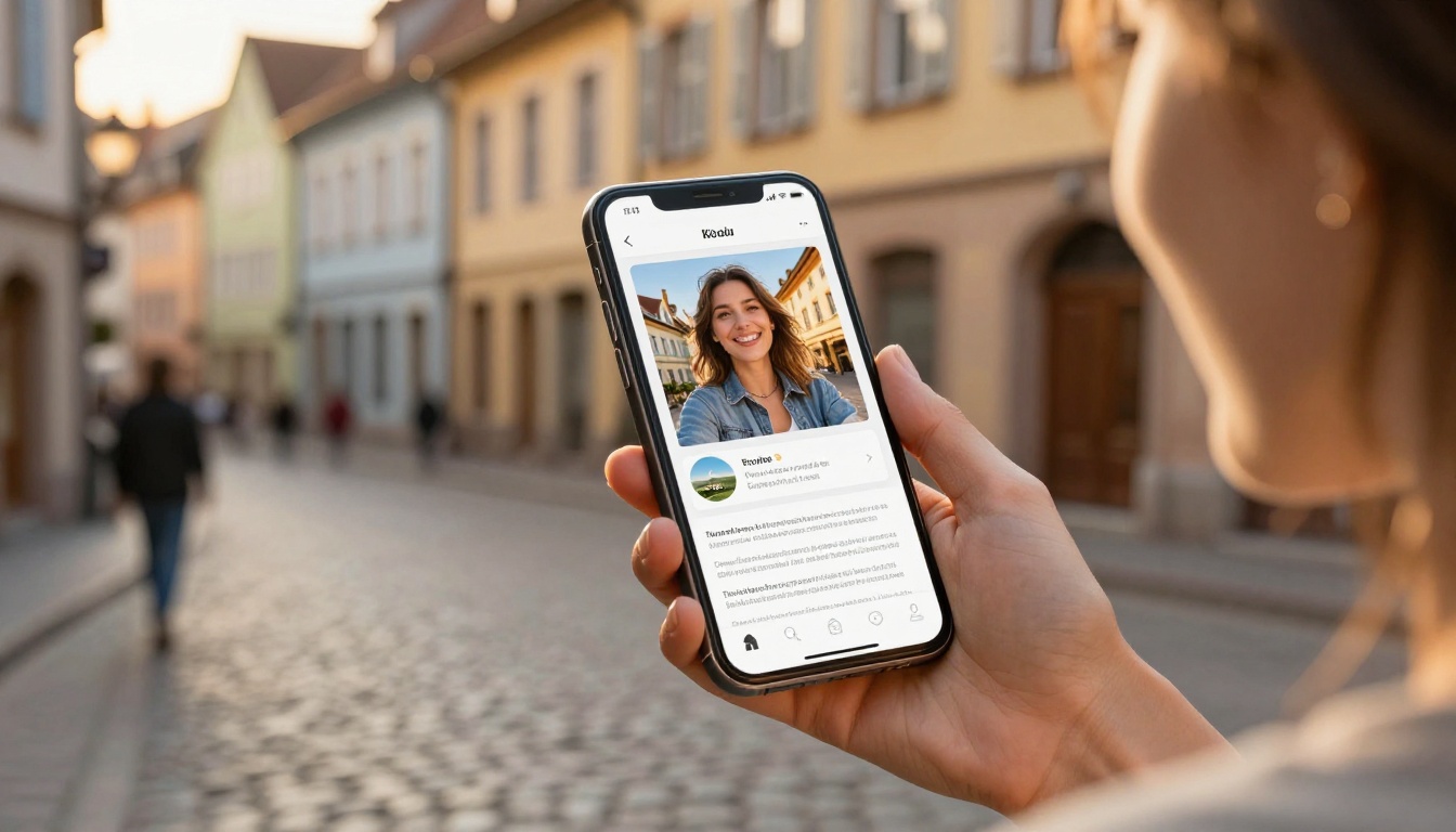 A woman viewing a travel publication flipbook on her smartphone on a European cobblestone street