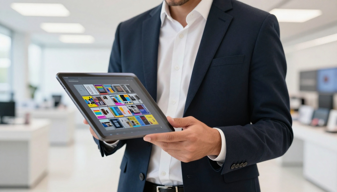 Professional man holding tablet with interactive product catalog flipbook in modern showroom