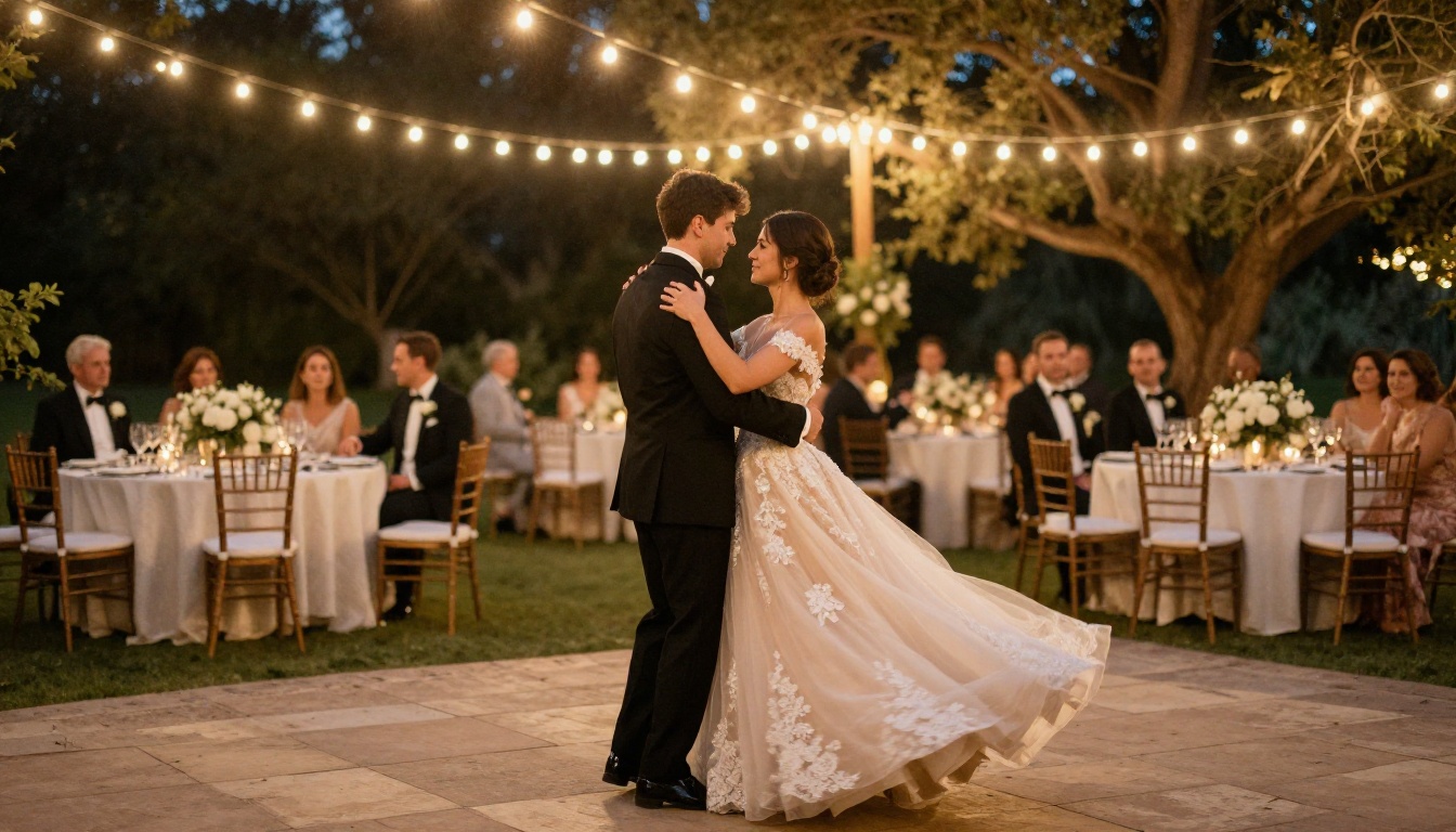 Bride and groom sharing their first dance at a garden reception