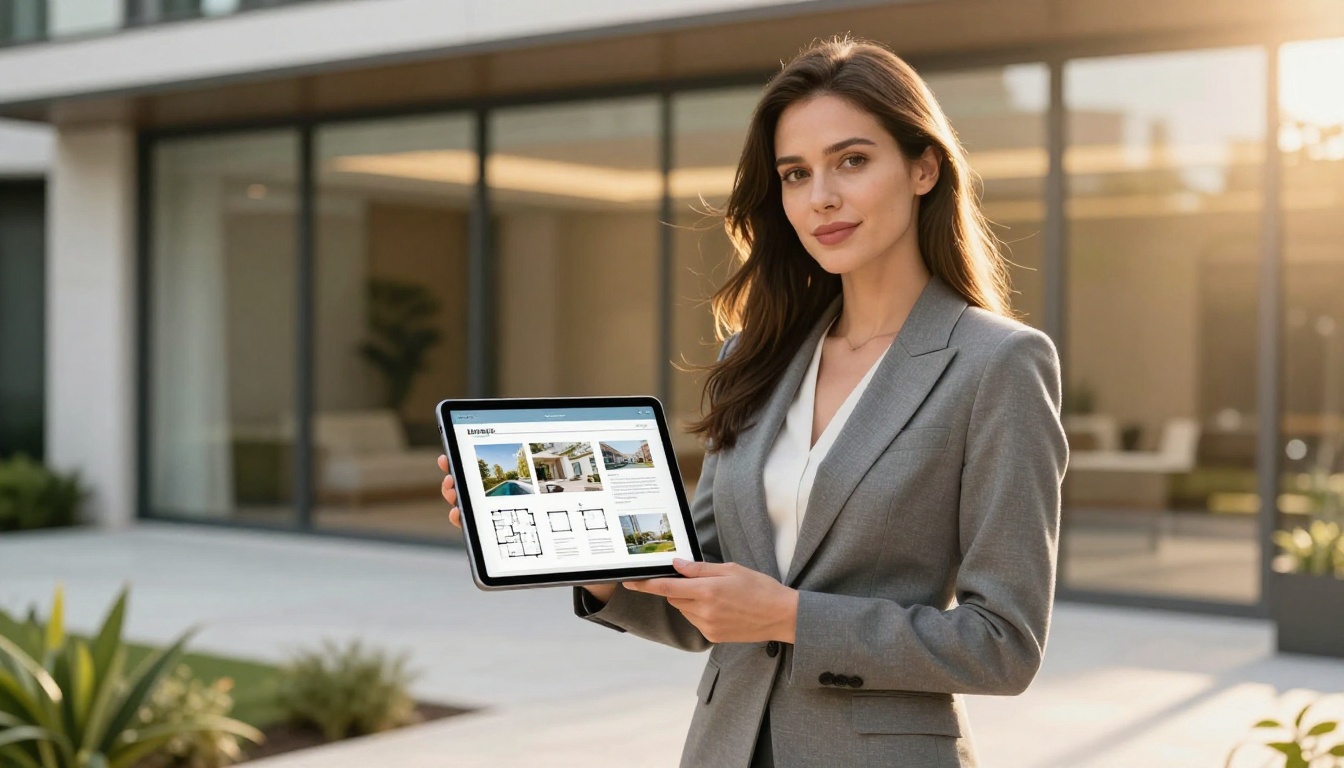 Stylish real estate agent holding a tablet with a clean digital brochure in front of a luxury apartment building Stylish real estate agent holding a tablet with a clean digital brochure in front of a luxury apartment building