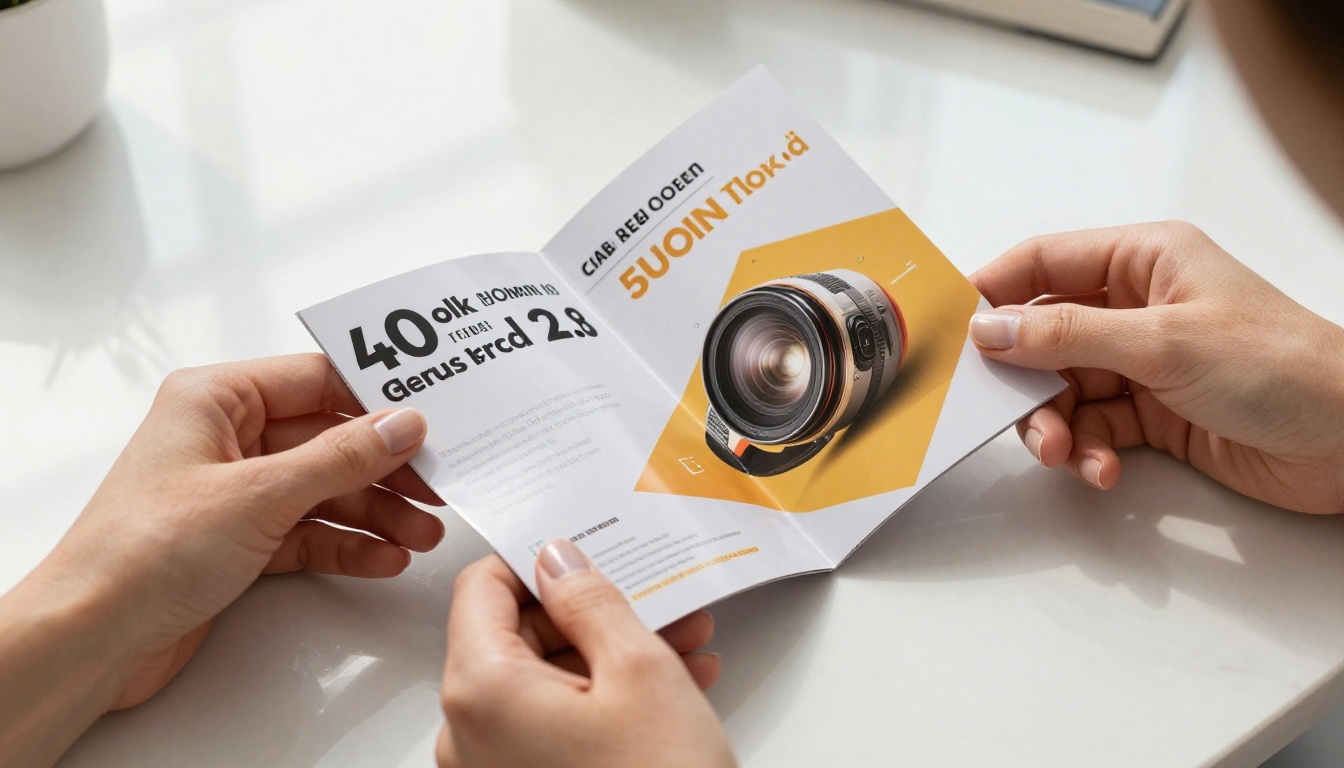 Hands holding a printed brochure next to a laptop showing a digital flipbook