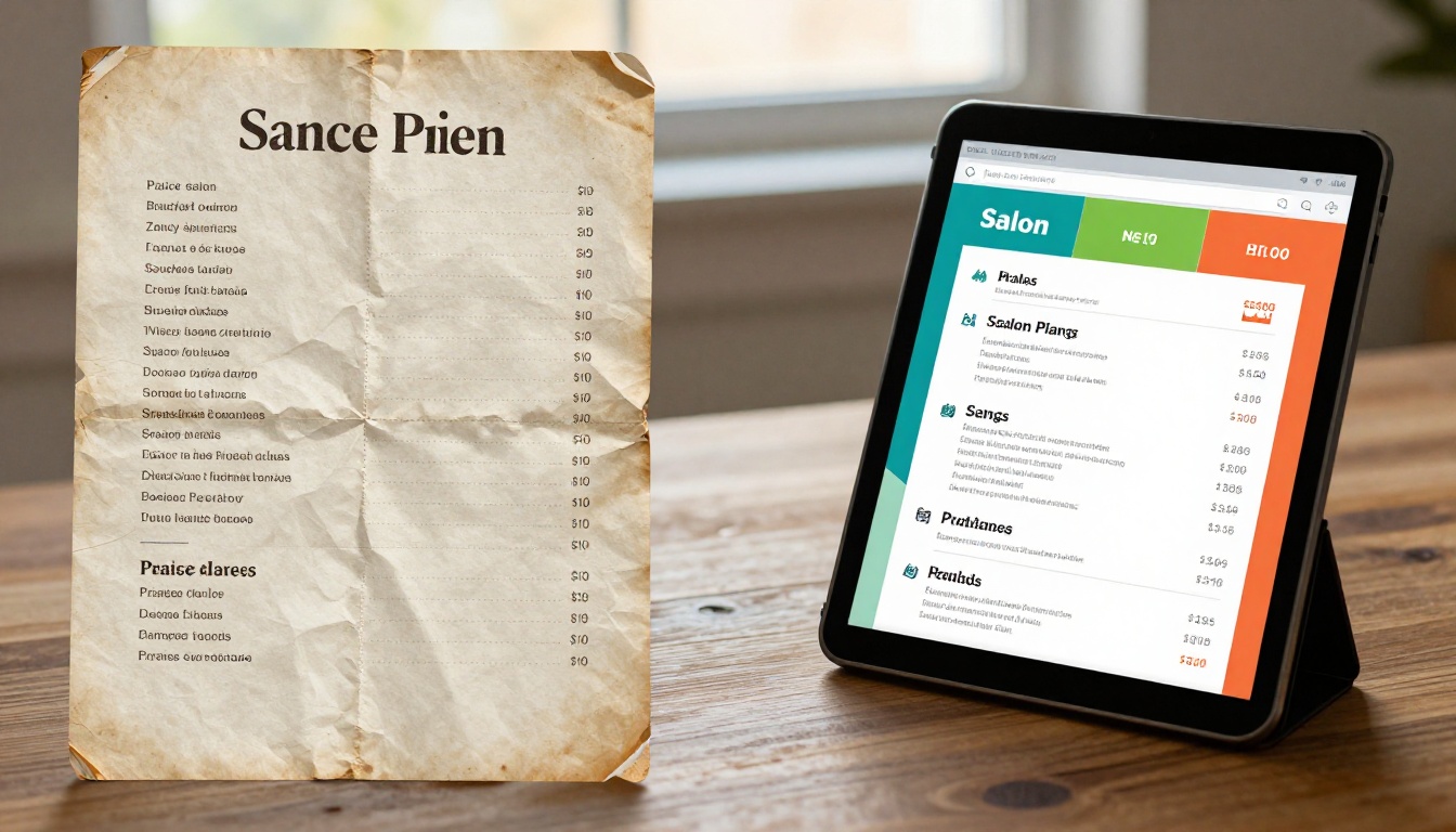 Paper price list vs digital menu comparison on wooden table