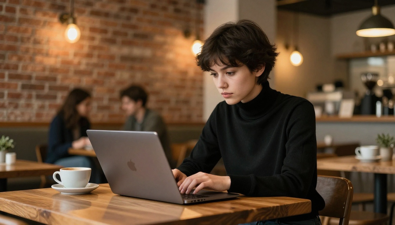 Young creative professional with short dark hair showing her digital portfolio on a slim laptop to a client at a wooden coffee shop table with warm pendant lighting