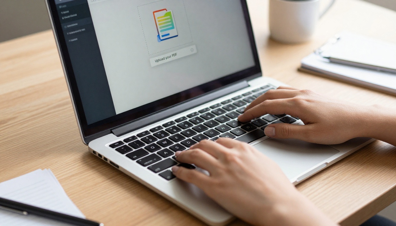 Hands dragging a PDF file into an upload interface on a laptop