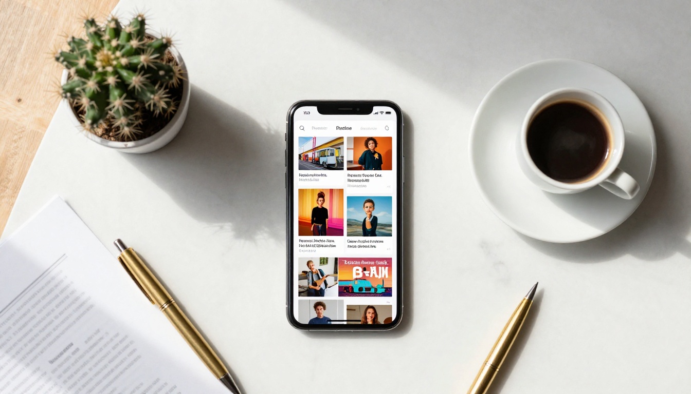 Aerial flat lay of smartphone on white marble desk showing responsive digital flipbook with vibrant pages