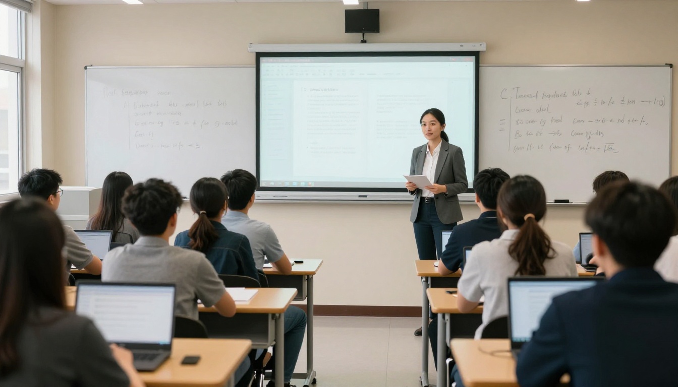 Female professor presenting a clean digital textbook on a classroom display to engaged students Female professor presenting a clean digital textbook on a classroom display to engaged students