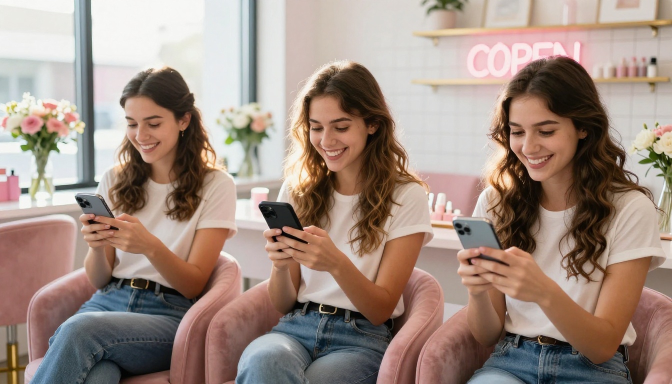 Three stylish women at nail salon browsing digital service menus on smartphones