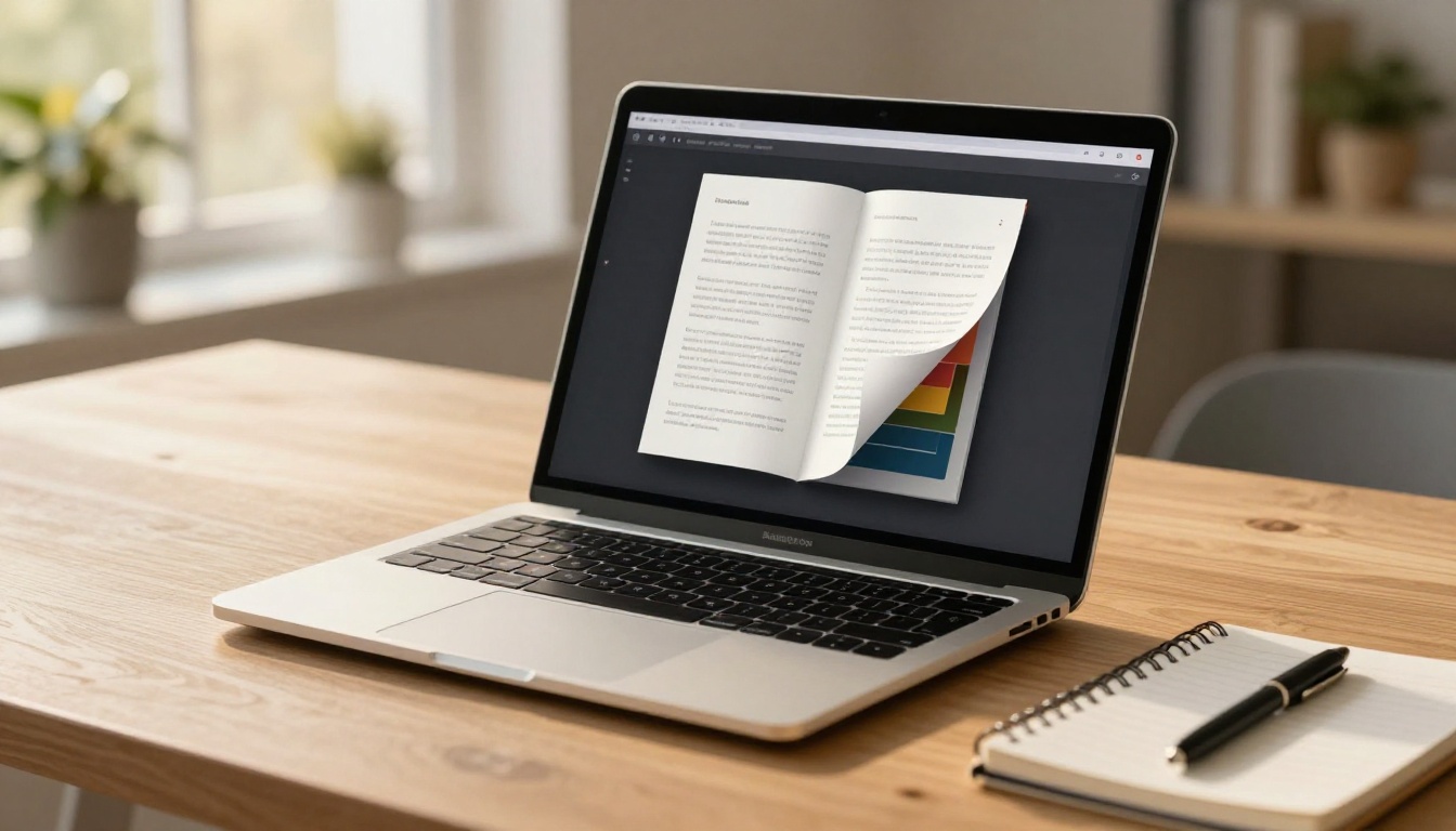 Laptop showing a digital flipbook with page-turn animation in progress
