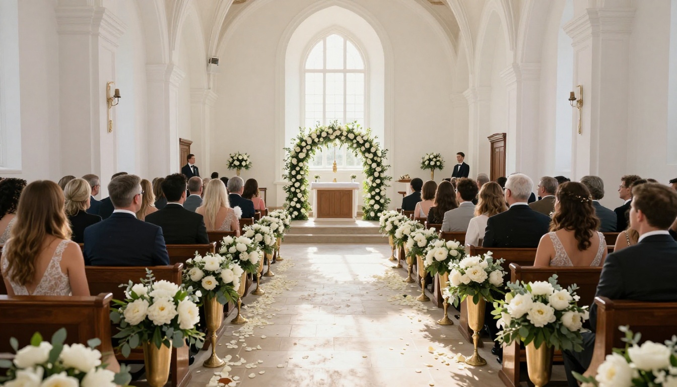 Grand wedding ceremony aisle with overflowing floral arrangements